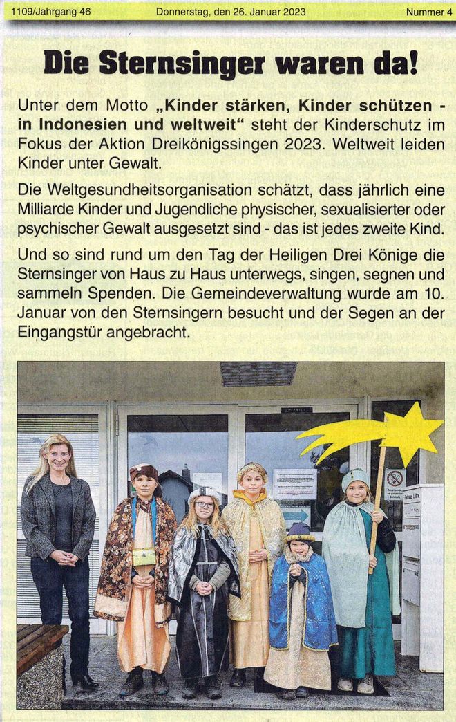 Bericht über den Besuch der Sternsinger im Amtsblatt Lohra